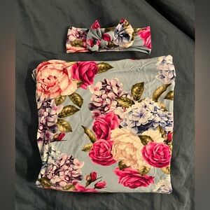 EUC Floral and Luxurious Posh Peanut “Lacey” Swaddle Blanket and Headband Set